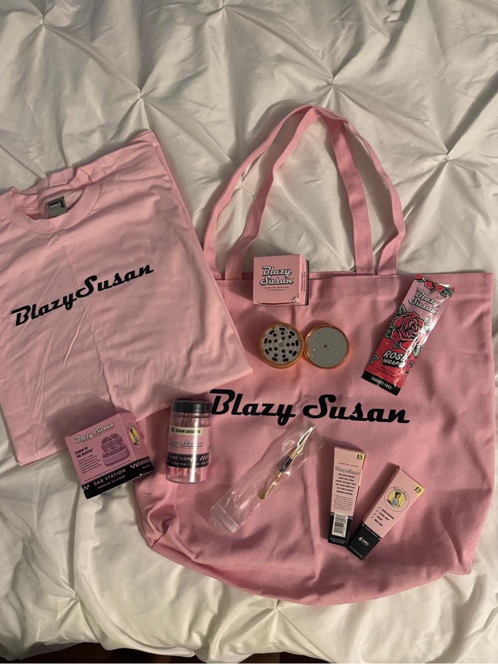 Blazy Susan smoking accessory kit pink grinder pre-roll T-shirt weed accessory
